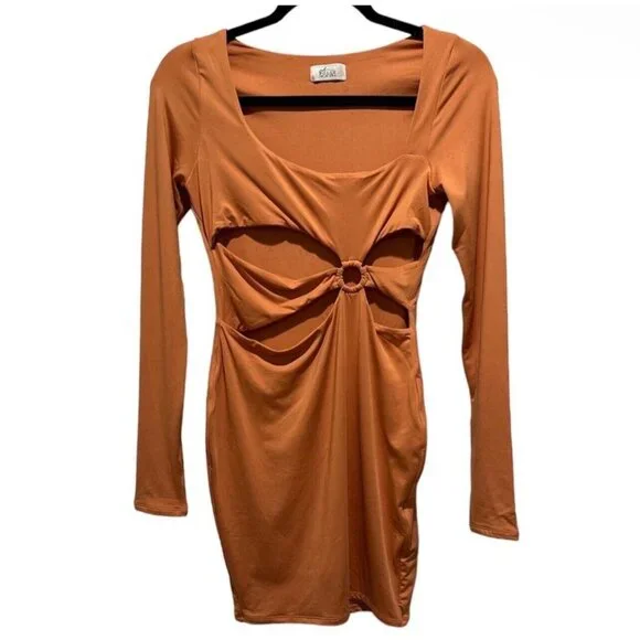 NWOT Oh Polly Orange Long Sleeve Cutout Bodycon Mini Dress - Picture 3 of 12